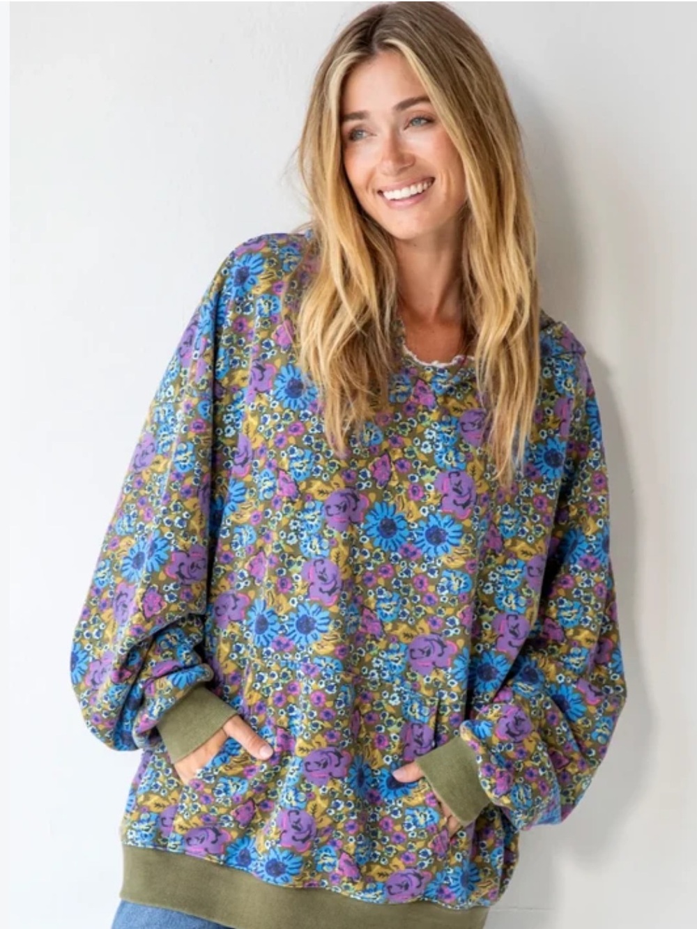 NATURAL LIFE Oversized Printed Hoodie Pullover Sweatshirt Daisy S/M